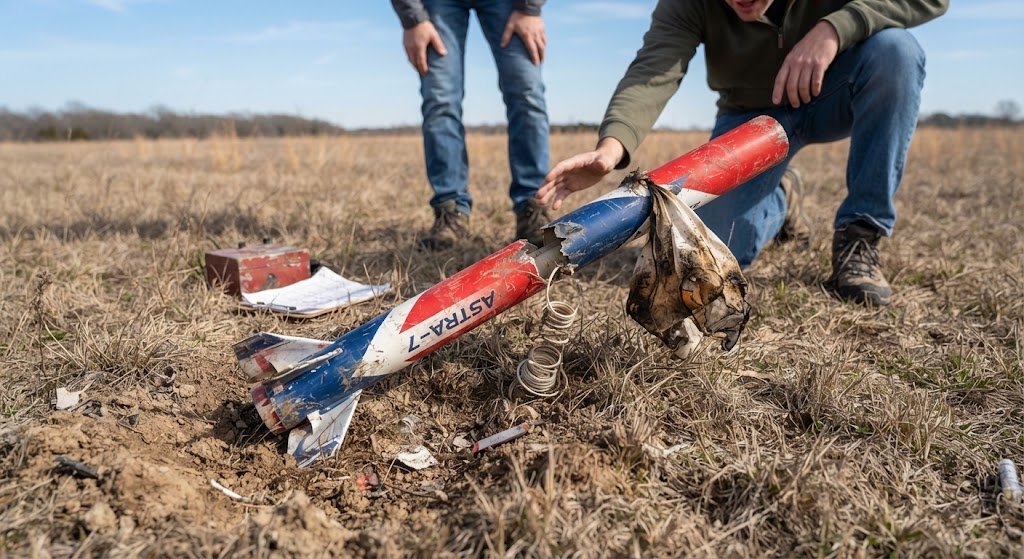 Crashed ASTRA-7 rocket after failed recovery attempt